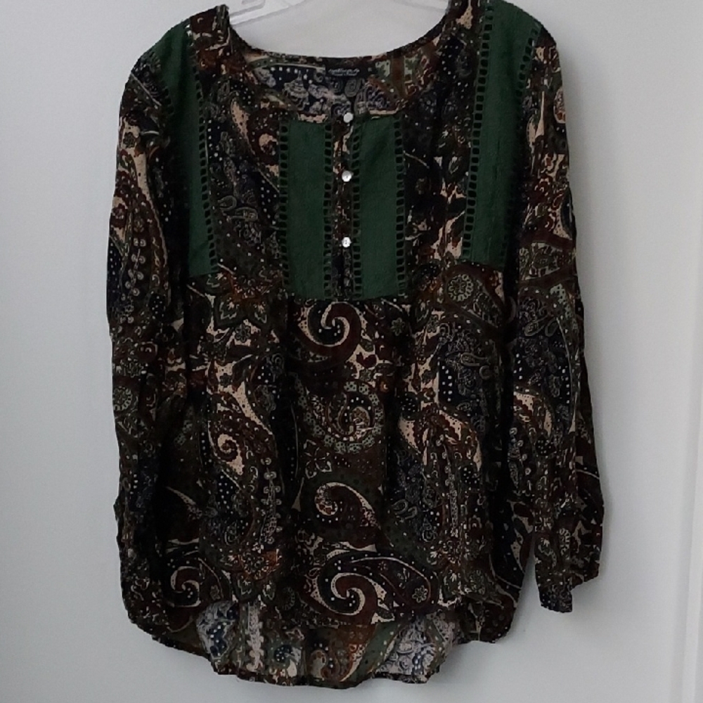 Paisley Print Women's Top - Green and Brown